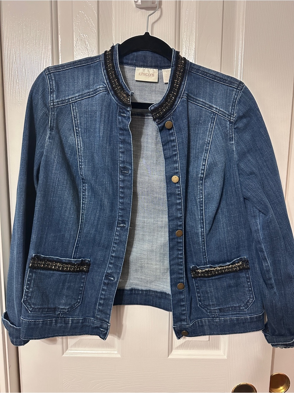 Chico's Denim Jacket with Beaded Trim in Blue